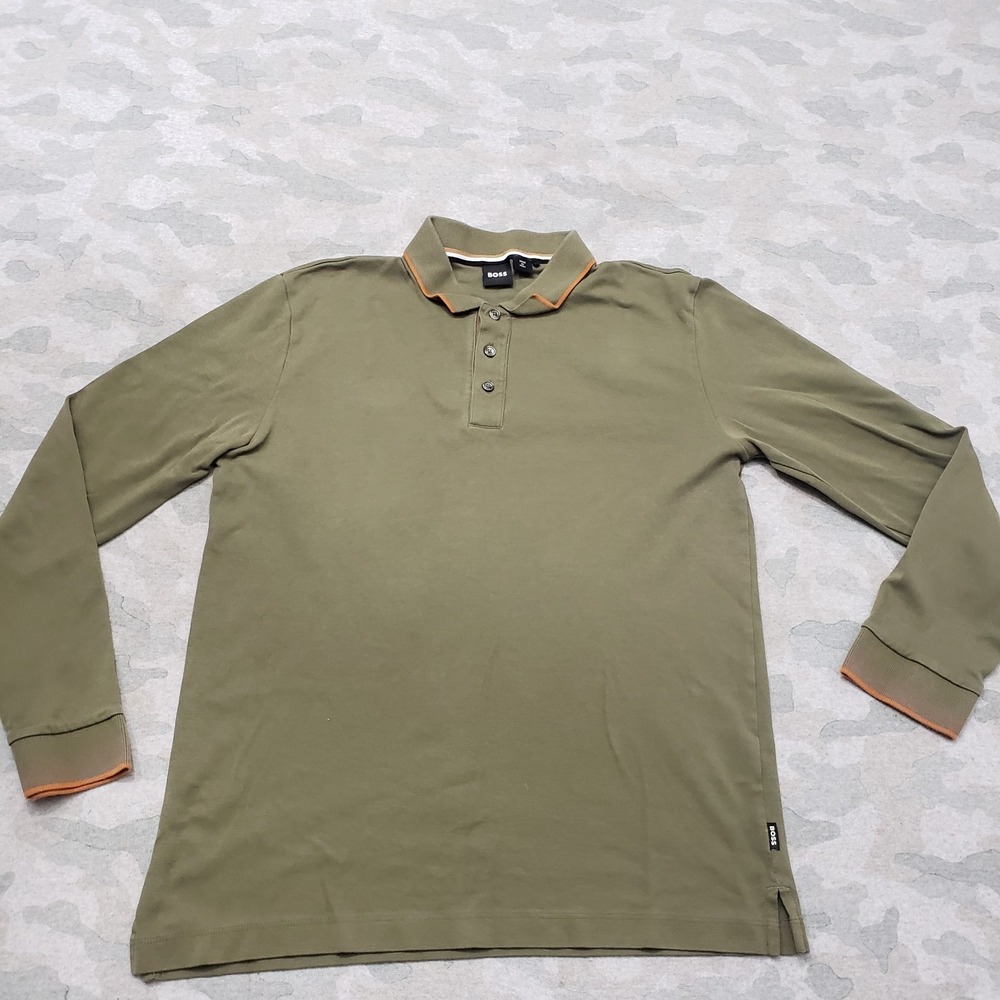 Boss Polo Shirt Mens Medium Green Long Sleeve